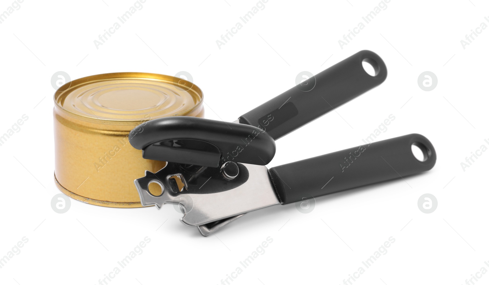 Can opener and tin isolated on white Photo of Can opener and tin isolated on white