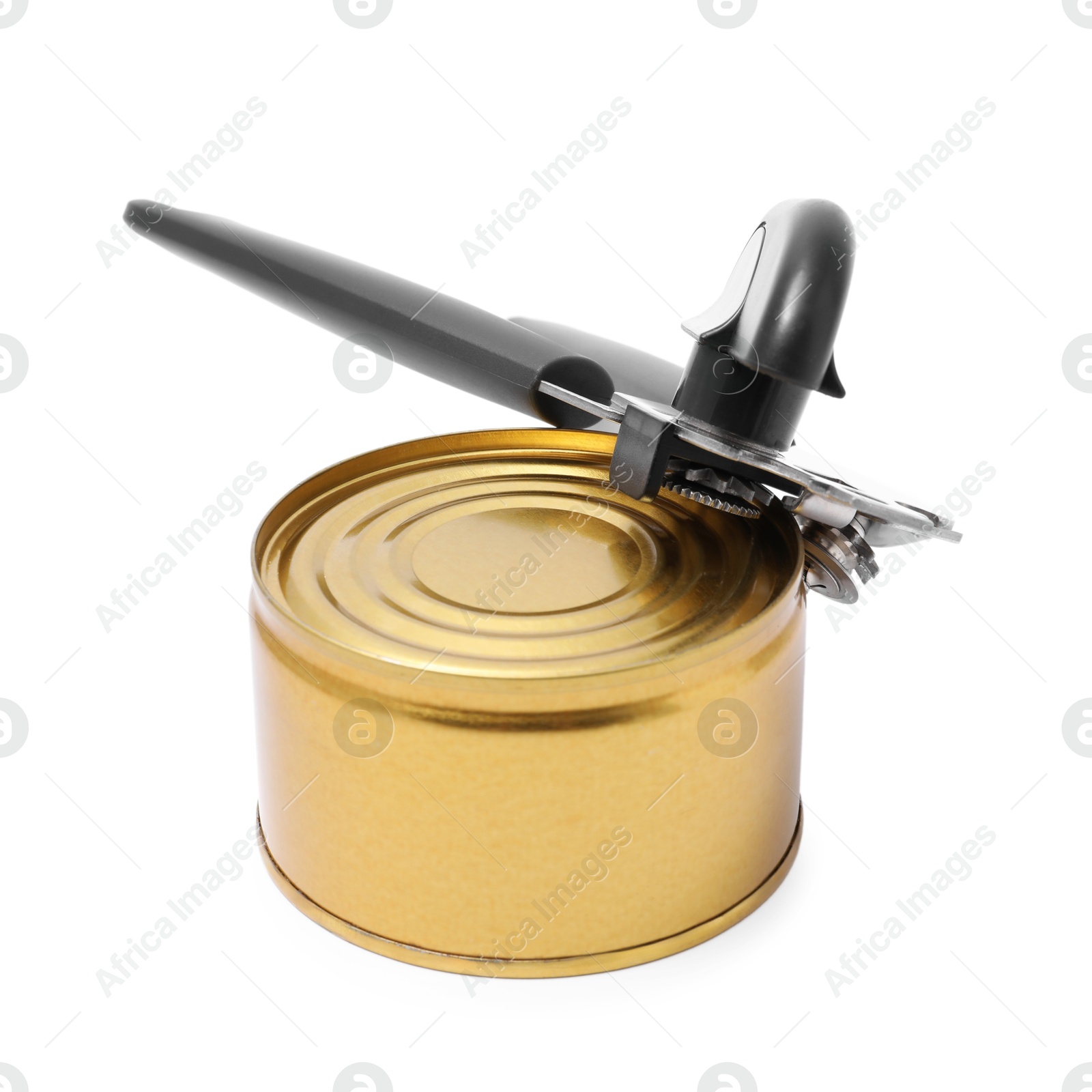 Can opener and tin isolated on white Photo of Can opener and tin isolated on white