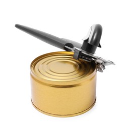Photo of Can opener and tin isolated on white