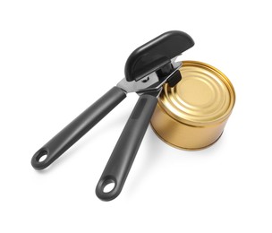 Photo of Can opener and tin isolated on white