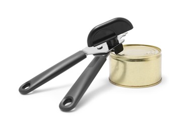 Photo of Can opener and tin isolated on white