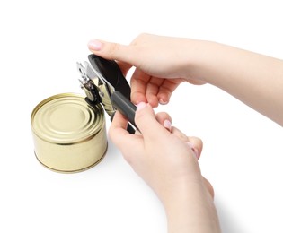 Photo of Woman opening tin with can opener on white background, closeup
