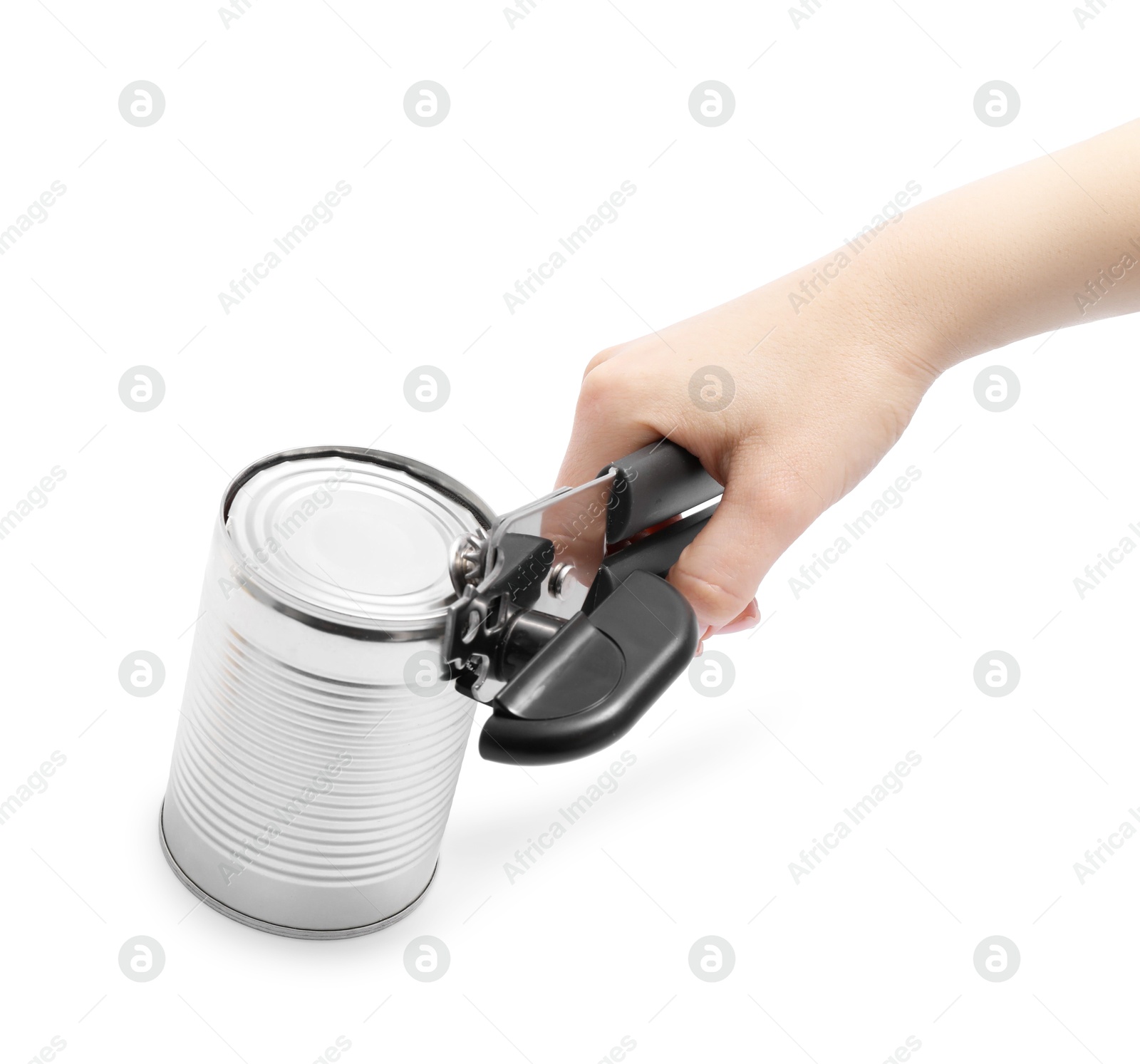 Woman opening tin with can opener on white background, closeup Photo of Woman opening tin with can opener on white background, closeup