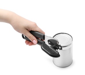 Photo of Woman opening tin with can opener on white background, closeup