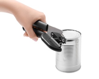 Photo of Woman opening tin with can opener on white background, closeup