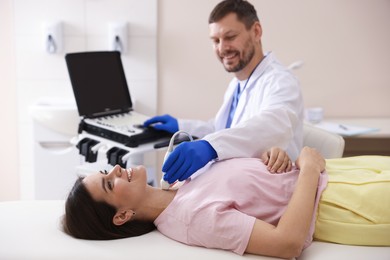 Photo of Sonographer conducting ultrasound examination of woman's thyroid gland in clinic