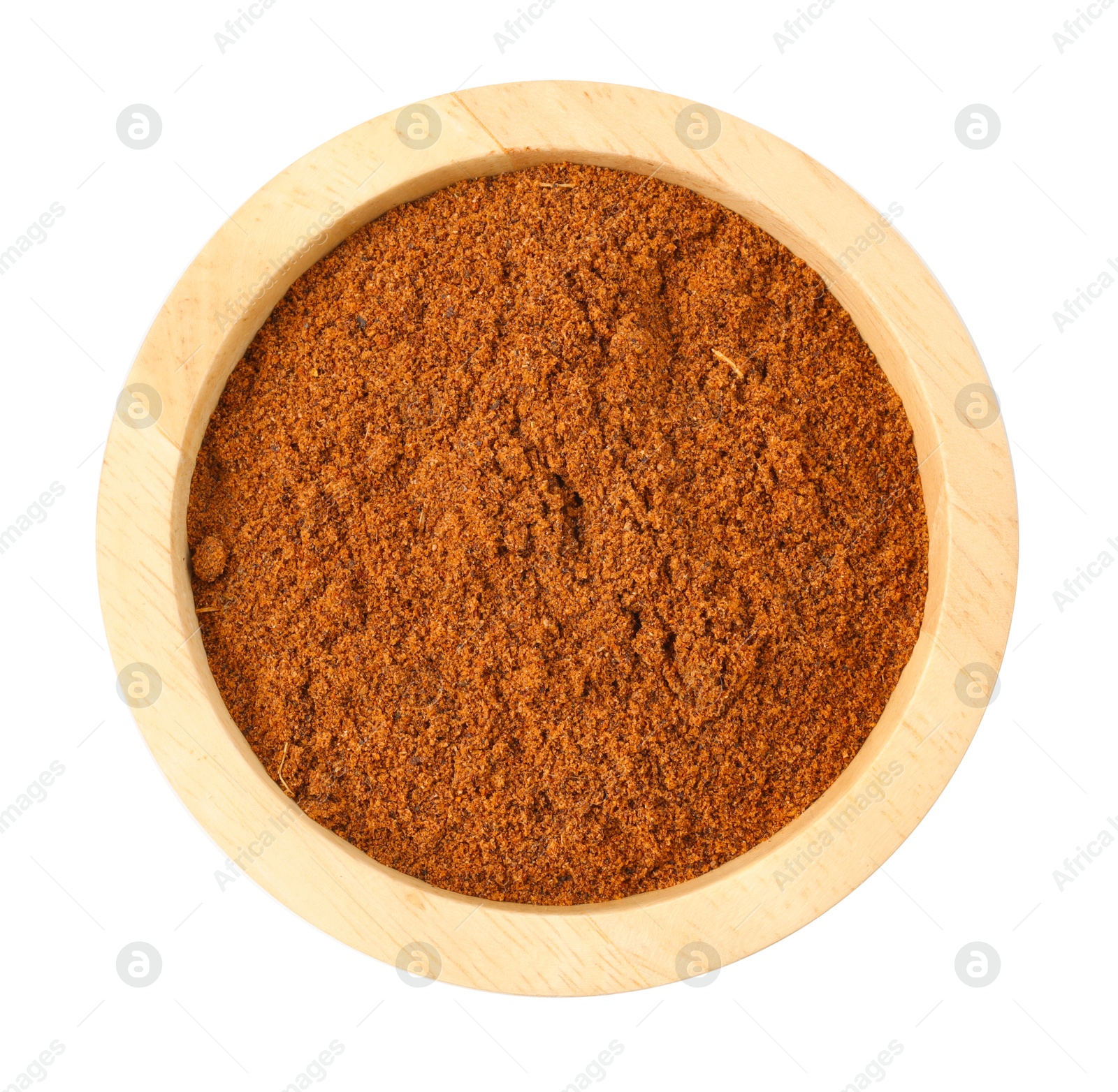 Nutmeg powder in bowl isolated on white, top view Photo of Nutmeg powder in bowl isolated on white, top view