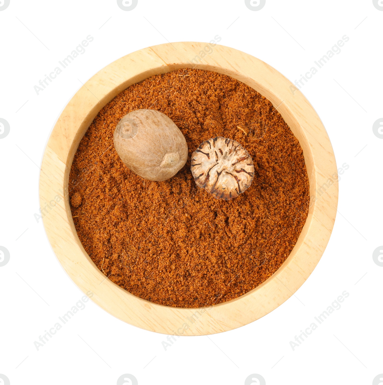 Photo of Nutmegs and powder in bowl isolated on white, top view