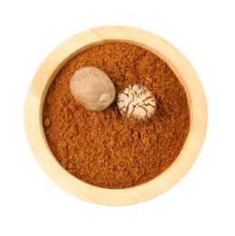Photo of Nutmegs and powder in bowl isolated on white, top view