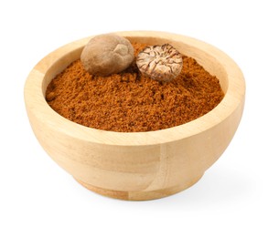 Photo of Nutmegs and powder in bowl isolated on white