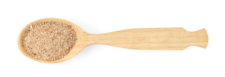 Photo of Nutmeg powder in spoon isolated on white, top view