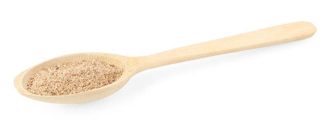Photo of Nutmeg powder in spoon isolated on white