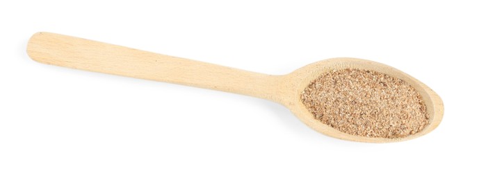Photo of Nutmeg powder in spoon isolated on white, top view