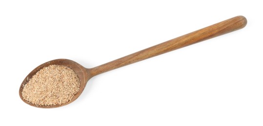 Photo of Nutmeg powder in spoon isolated on white, top view
