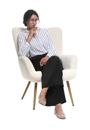 Photo of Professional psychologist in armchair on white background