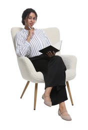 Photo of Professional psychologist with notebook and pen in armchair on white background