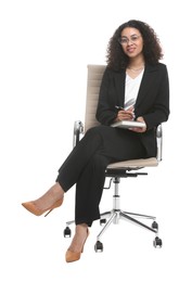 Photo of Professional psychologist with notebook and pen in office chair on white background