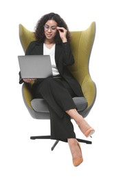 Photo of Professional psychologist with laptop in armchair on white background
