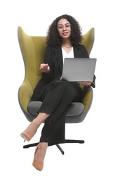 Photo of Professional psychologist with laptop in armchair on white background