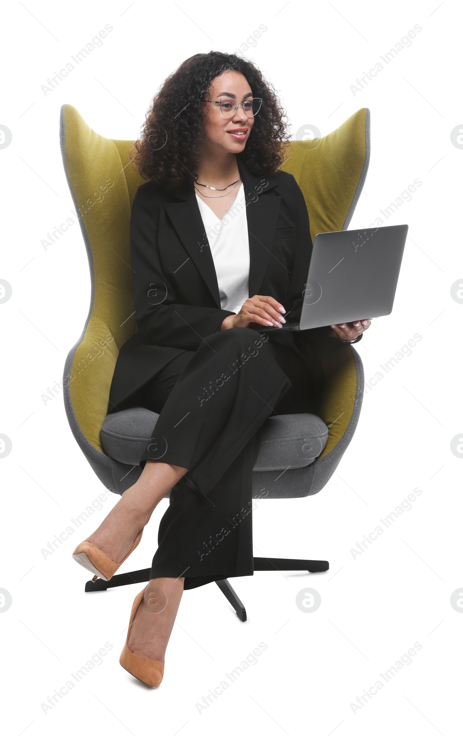 Professional psychologist with laptop in armchair on white background Photo of Professional psychologist with laptop in armchair on white background