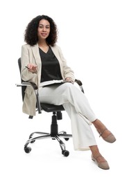 Photo of Professional psychologist with clipboard and pen in office chair on white background