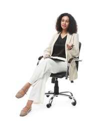 Photo of Professional psychologist with clipboard and pen in office chair on white background