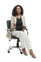 Photo of Professional psychologist with clipboard and pen in office chair on white background