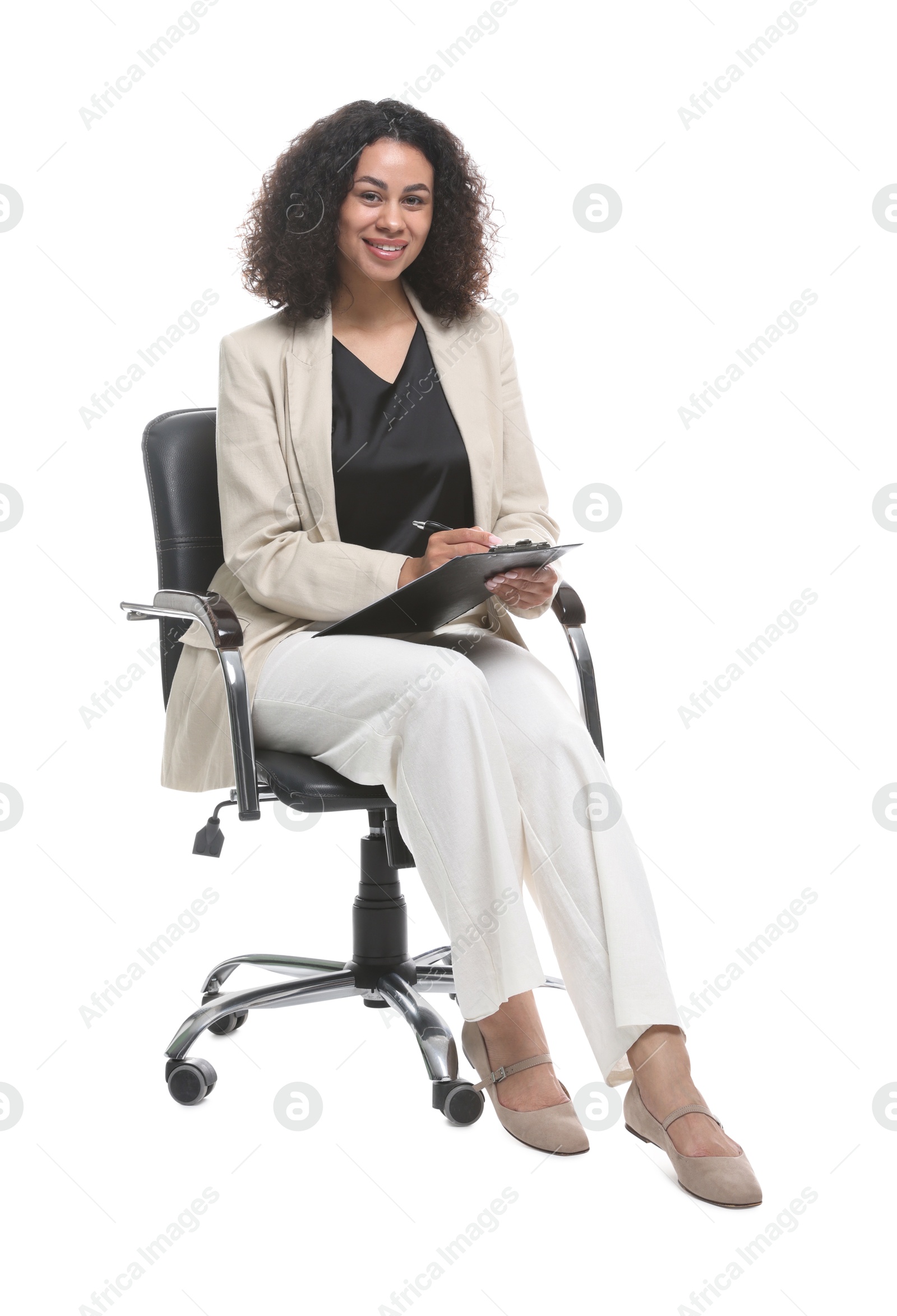 Professional psychologist with clipboard and pen in office chair on white background Photo of Professional psychologist with clipboard and pen in office chair on white background