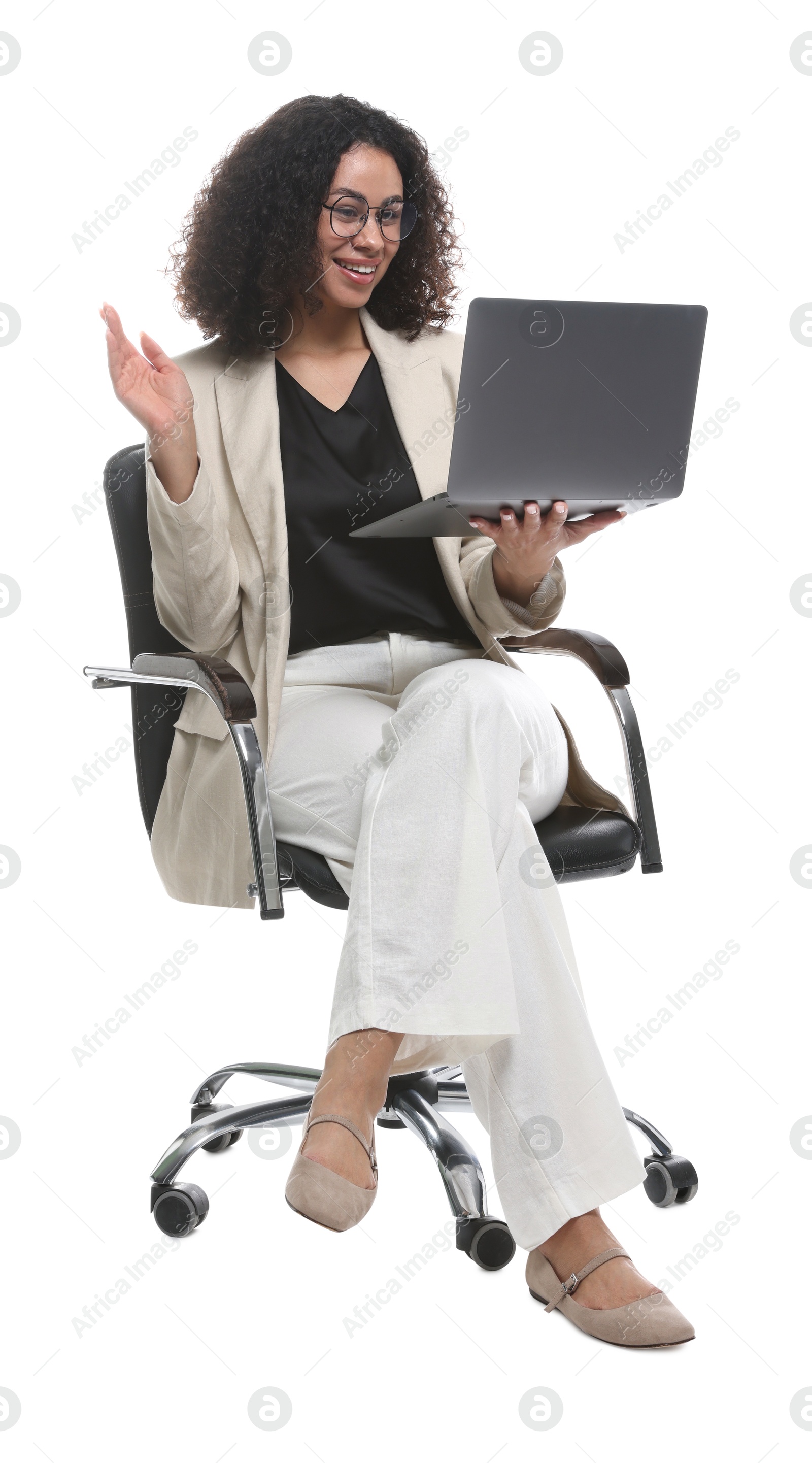 Photo of Professional psychologist with laptop in office chair on white background