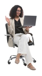 Photo of Professional psychologist with laptop in office chair on white background