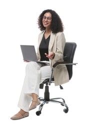 Photo of Professional psychologist with laptop in office chair on white background