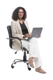 Photo of Professional psychologist with laptop in office chair on white background