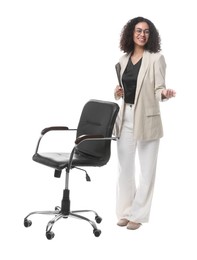 Photo of Professional psychologist with laptop near office chair on white background