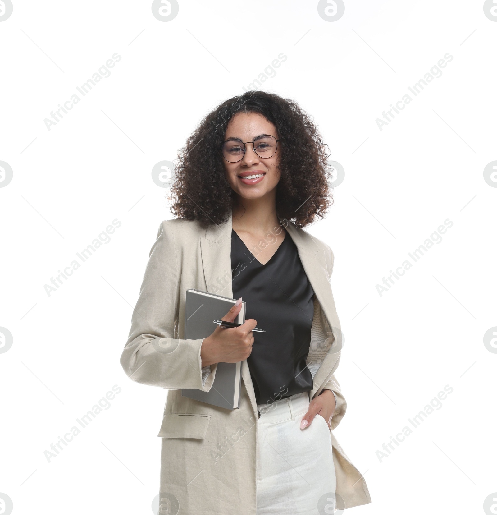 Professional psychologist with notebook and pen on white background Photo of Professional psychologist with notebook and pen on white background
