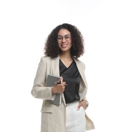 Photo of Professional psychologist with notebook and pen on white background