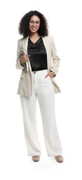 Photo of Full-length portrait of professional psychologist with notebook and pen on white background