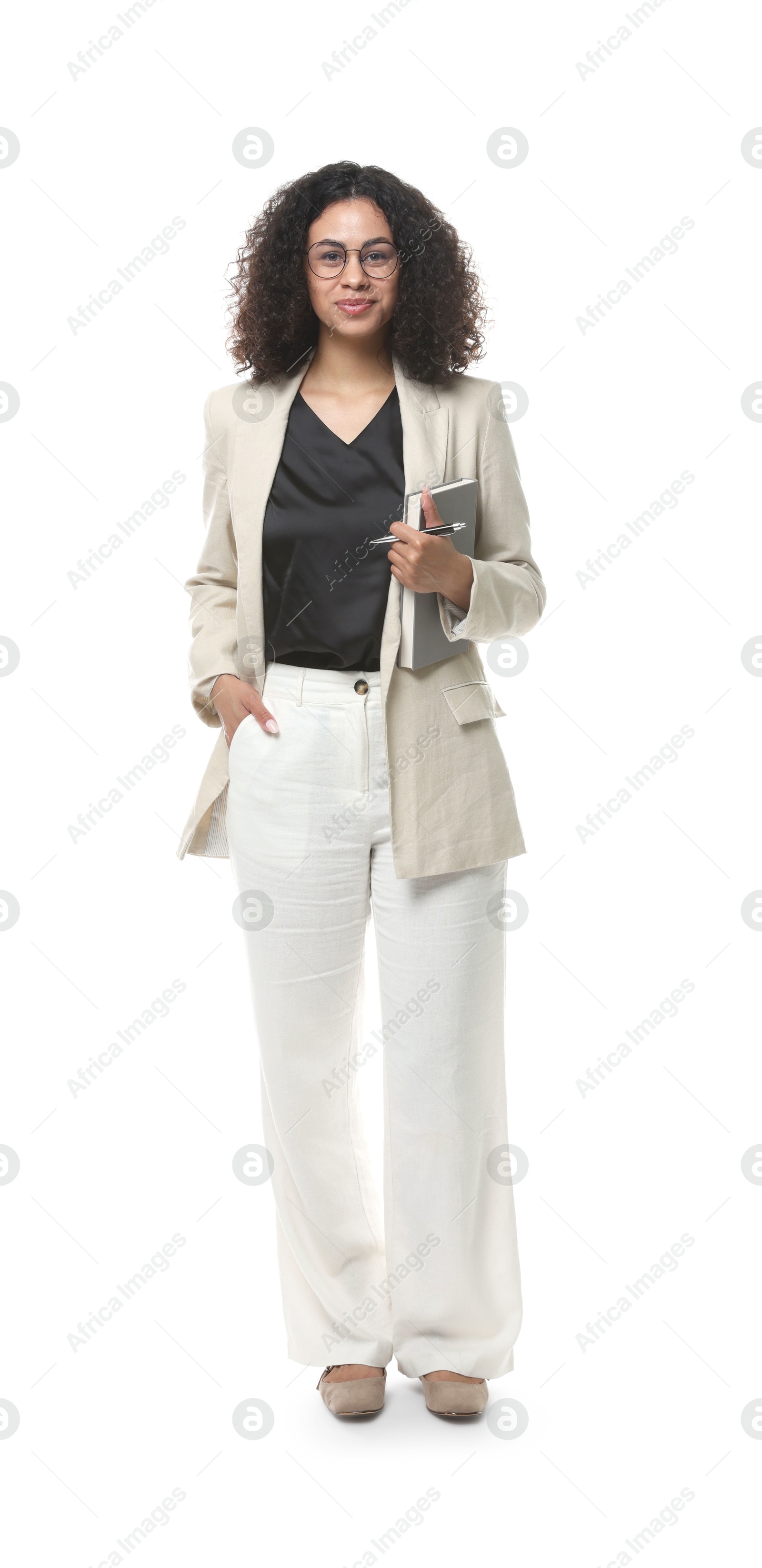 Full-length portrait of professional psychologist with notebook and pen on white background Photo of Full-length portrait of professional psychologist with notebook and pen on white background