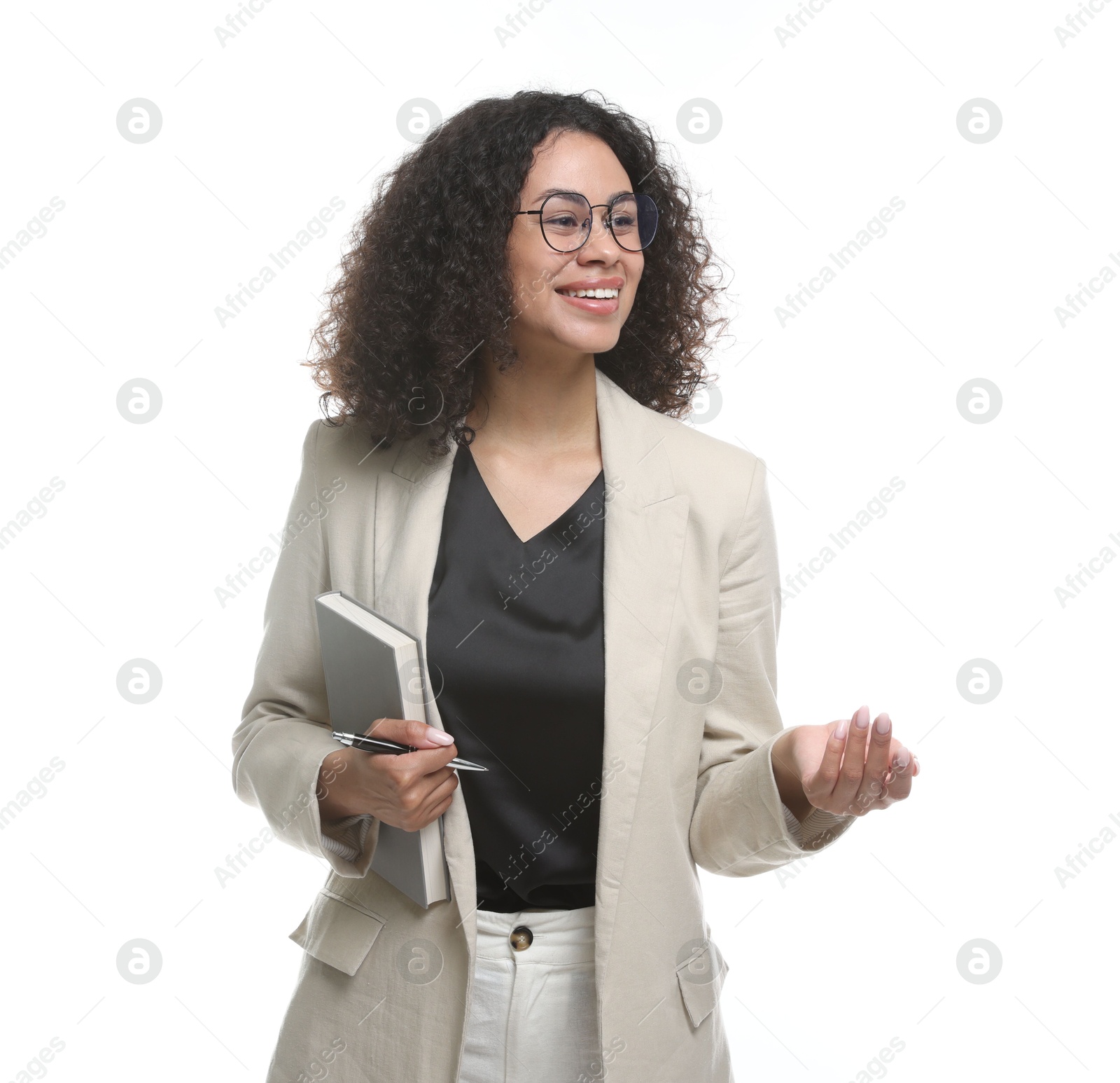 Professional psychologist with notebook and pen on white background Photo of Professional psychologist with notebook and pen on white background
