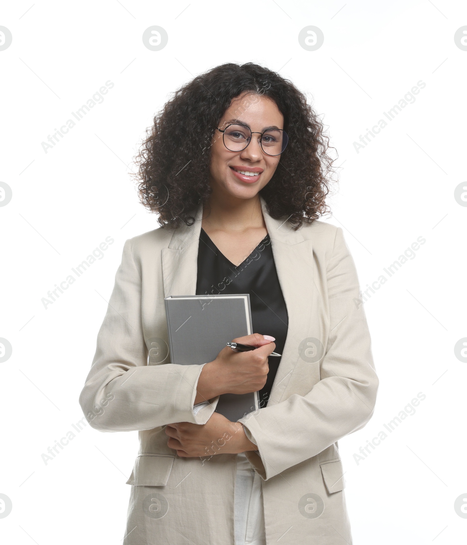 Professional psychologist with notebook and pen on white background Photo of Professional psychologist with notebook and pen on white background