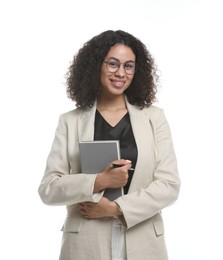 Photo of Professional psychologist with notebook and pen on white background