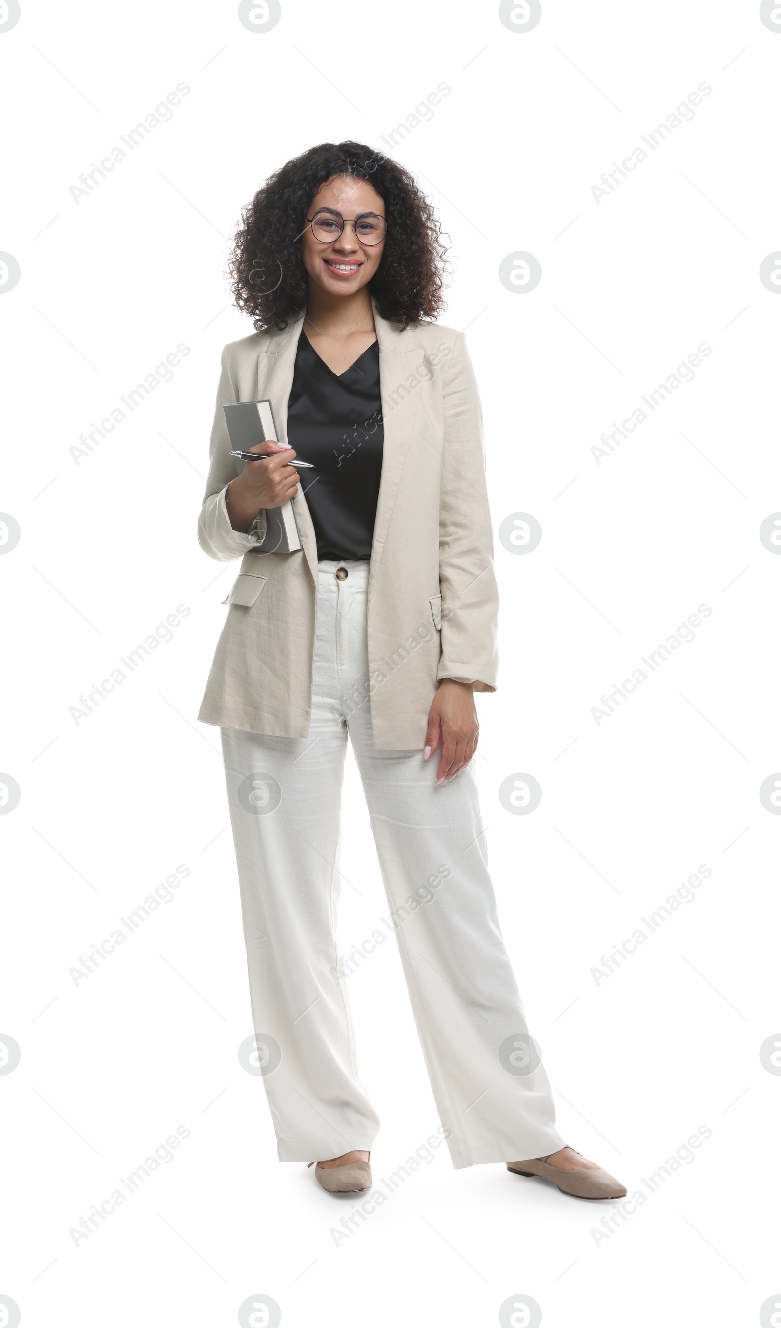 Full-length portrait of professional psychologist with notebook and pen on white background Photo of Full-length portrait of professional psychologist with notebook and pen on white background
