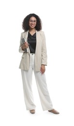 Photo of Full-length portrait of professional psychologist with notebook and pen on white background