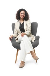 Photo of Professional psychologist in armchair on white background