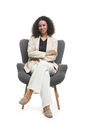 Photo of Professional psychologist in armchair on white background