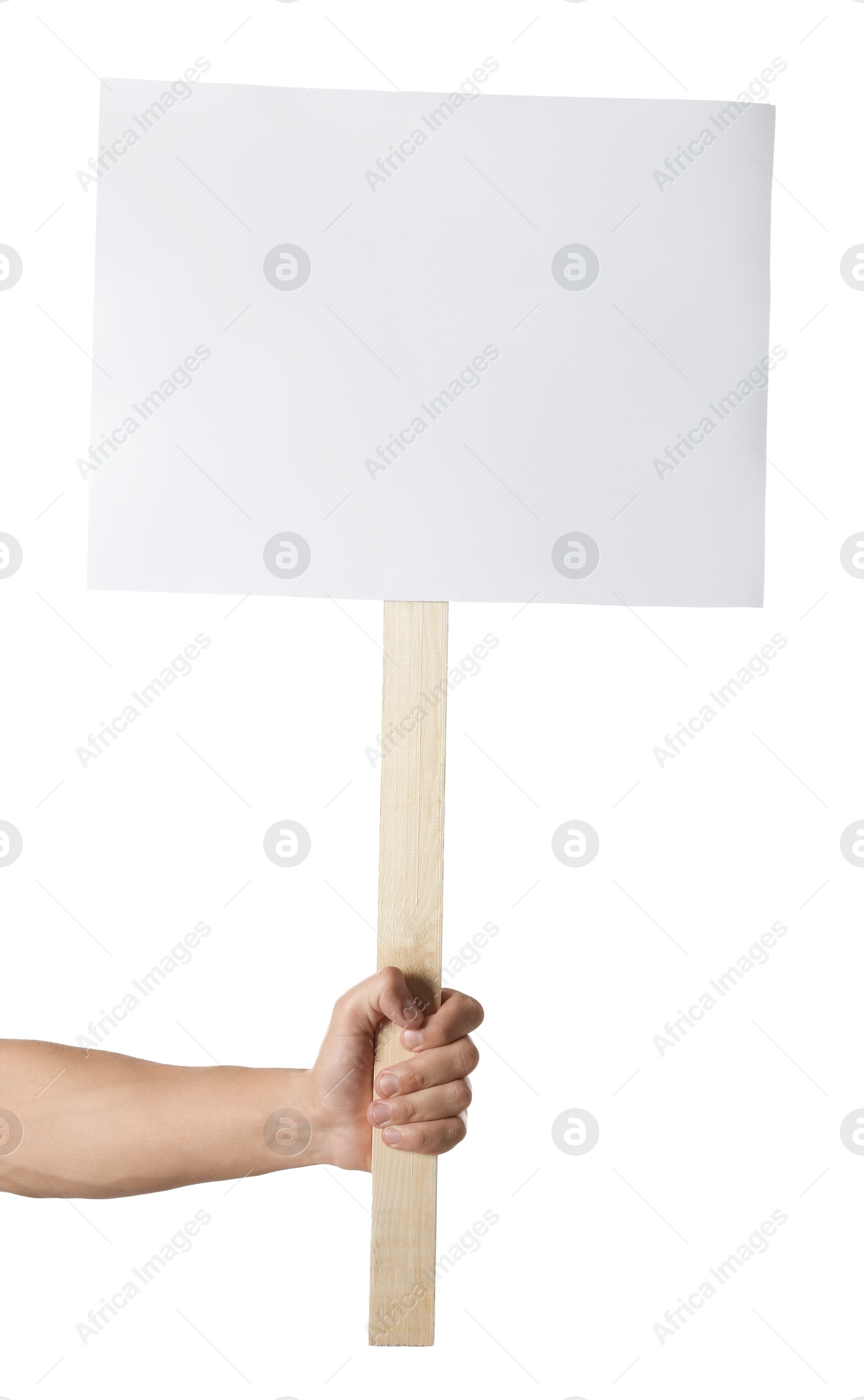Man holding blank sign on white background, closeup. Mockup for design Photo of Man holding blank sign on white background, closeup. Mockup for design