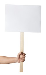 Photo of Man holding blank sign on white background, closeup. Mockup for design