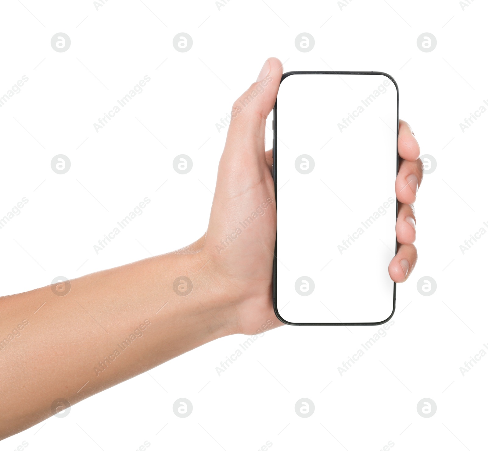 Man with modern smartphone on white background, closeup. Mockup for design Photo of Man with modern smartphone on white background, closeup. Mockup for design