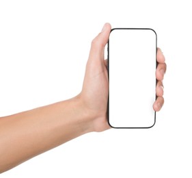 Photo of Man with modern smartphone on white background, closeup. Mockup for design