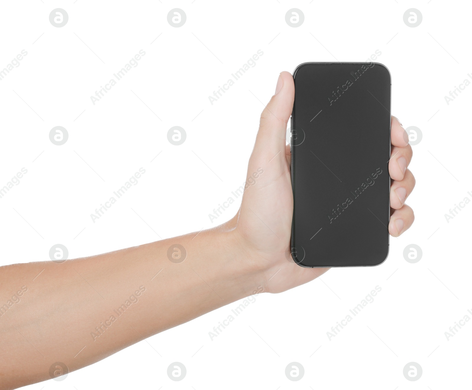 Man with modern smartphone on white background, closeup. Mockup for design Photo of Man with modern smartphone on white background, closeup. Mockup for design