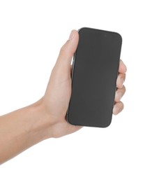 Photo of Man with modern smartphone on white background, closeup. Mockup for design